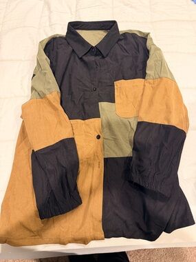 Colorblock Button-Up Shirt in Black, Olive, and Tan